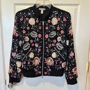 Floral Embroidered Black Bomber Jacket